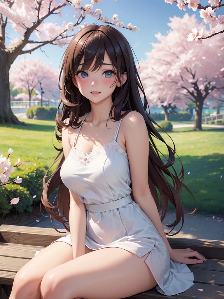 ((masterpiece, highest quality, High resolution, Hyper HD, Pixel perfect, Depth of written boundary, 4K, RTTX 10.0, High resolution))), One girl, single, alone, Beautiful Anime Girls, Beautiful art style, Anime Figures, ((Long Hair, bangs, Brown Hair, Curly Hair:0.8)), ((Shining Eyes、Light blue eyes:1.4, Round eyes, Beautiful eyelashes, Realistic eyes)), ((Detailed face, Blushing:1.2)), ((Smooth texture:0.75, Realistic texture:0.65, Realistic:1.1, Anime CG Style)), (Big Breasts:1.4), Dynamic Angle, Perfect body, ((viewing angle, Dynamic pose, Portraiture)), ((White dress))、Beautiful thighs)), (whole body:1.4)、smile, Open your mouth, amusement park, ((Cherry tree, Cherry blossoms fall)), Natural light, Bright sky, sunlight、whole body、Sitting cross-legged