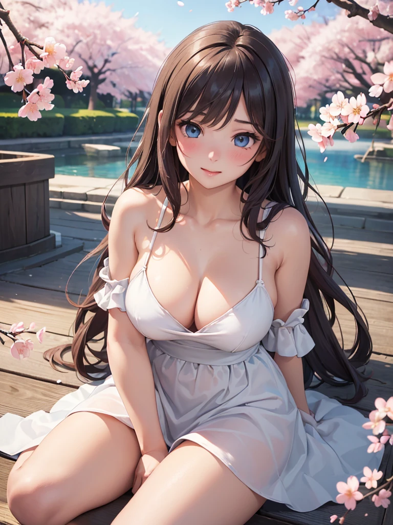 ((masterpiece, highest quality, High resolution, Hyper HD, Pixel perfect, Depth of written boundary, 4K, RTTX 10.0, High resolution))), One girl, single, alone, Beautiful Anime Girls, Beautiful art style, Anime Figures, ((Long Hair, bangs, Brown Hair, Curly Hair:0.8)), ((Shining Eyes、Light blue eyes:1.4, Round eyes, Beautiful eyelashes, Realistic eyes)), ((Detailed face, Blushing:1.2)), ((Smooth texture:0.75, Realistic texture:0.65, Realistic:1.1, Anime CG Style)), (Big Breasts:1.4), Dynamic Angle, Perfect body, ((viewing angle, Dynamic pose, Portraiture)), ((White dress))、Beautiful thighs)), (whole body:1.4)、smile, Open your mouth, amusement park, ((Cherry tree, Cherry blossoms fall)), Natural light, Bright sky, sunlight、whole body、Sitting cross-legged