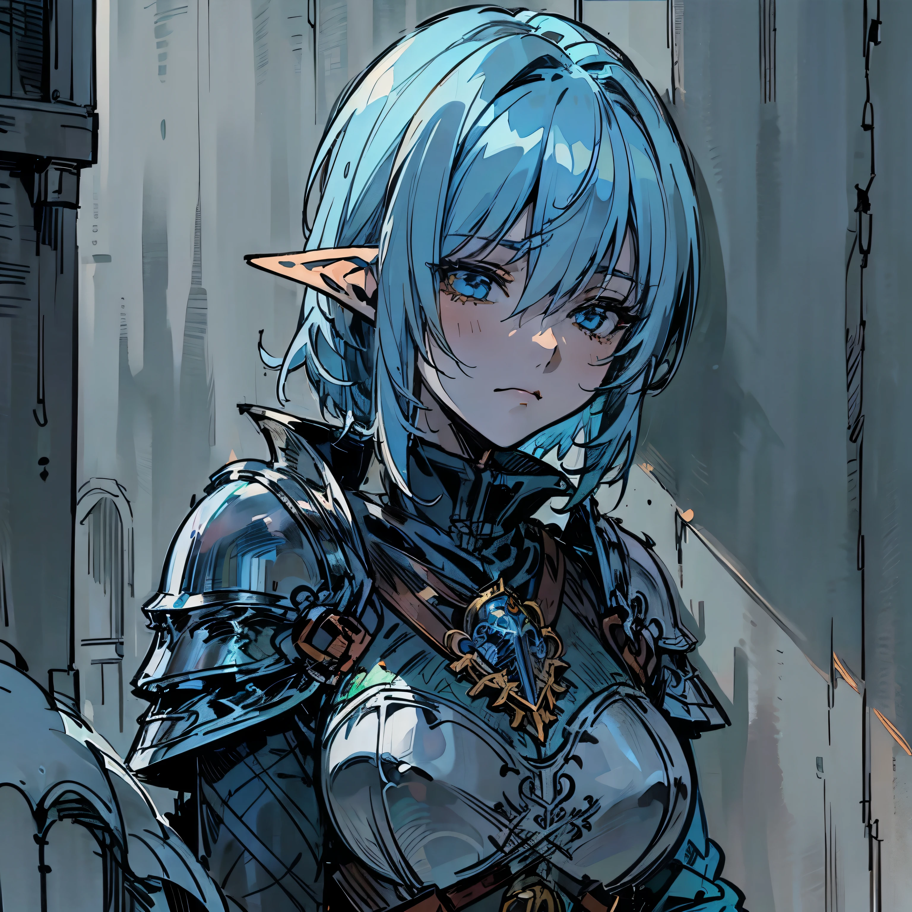 (Background: Town street) looking other way, leaning against a wall, Cleddyf the elf knight,Strong Female elf knight, wearing knight armor, short light blue hair, short, neutral look, blank smile, emotionless[Face close up, detailed face, attention to face, realistic anime], dark fantasy, medieval fantasy
