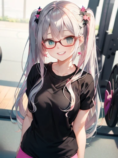 小さなgirl、The arrival of spring、Thick thighs、 (alone:1.5,)Very detailed,Bright colors, Very beautiful detailed anime faces and eyes, Look straight ahead, ;d, Shiny_skin,girl, ((Silver long hair,The inner color is red 、Forehead is exposed.、Green Eyes、Glasses、Shiny hair, Delicate beautiful face, blush、(Turquoise Eyes), White skin, Valletta, Earrings,、blue flower field、(((Star pattern pink、Under her blouse she is wearing black gym clothes.)))、Twin tails、smile、smile、Face dyed red