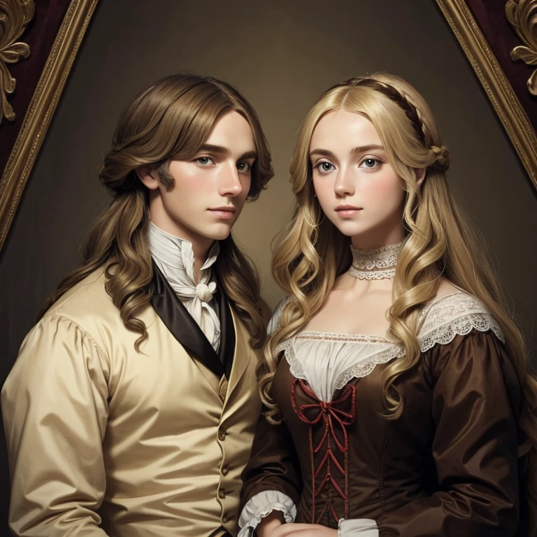 A blonde-haired man and a long brown-haired woman from the 1820s as a couple