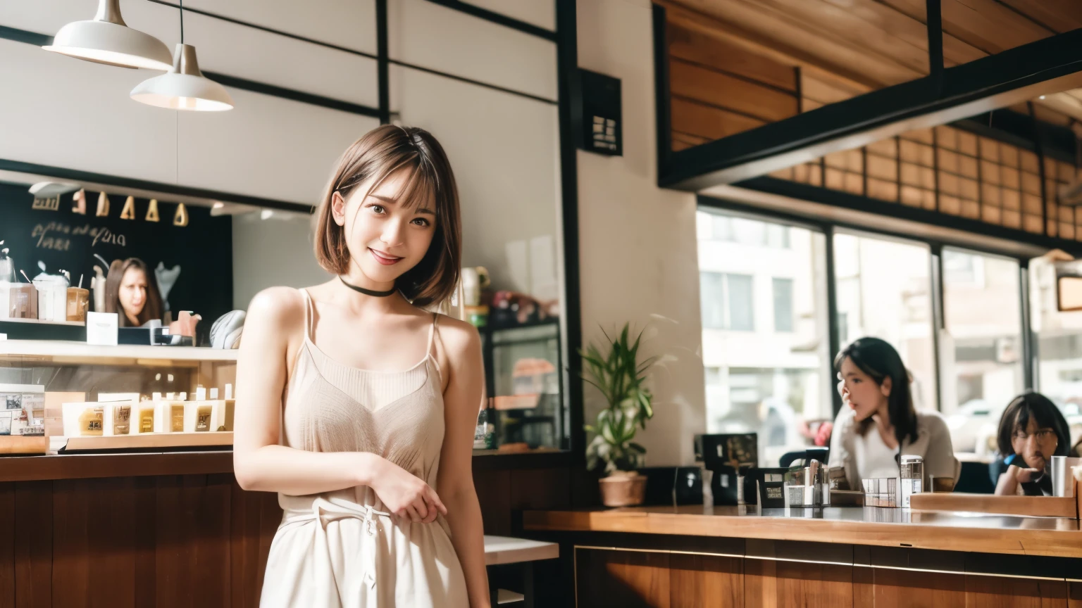 super high quality, Short Hair, Slender, Gravure photoshoot, The staff is working at the counter in the back., (8k、RAW Photos、highest quality、masterpiece:1.2), Japanese Idol, Shaggy, Stylish café, (Realistic、Photorealistic:1.37), Mesh Hair, choker, Normal chest, Urban Cafe, Golden Ratio, Raw photo, Cute face , Light Brown Hair, Bright cafe interior, Blurred Background, Spring Clothes, A sweet expression, Watching the audience, Beautiful hairstyle, Spoiled, Hair blowing in the wind, Neat clothes, 18-year-old, younger sister,