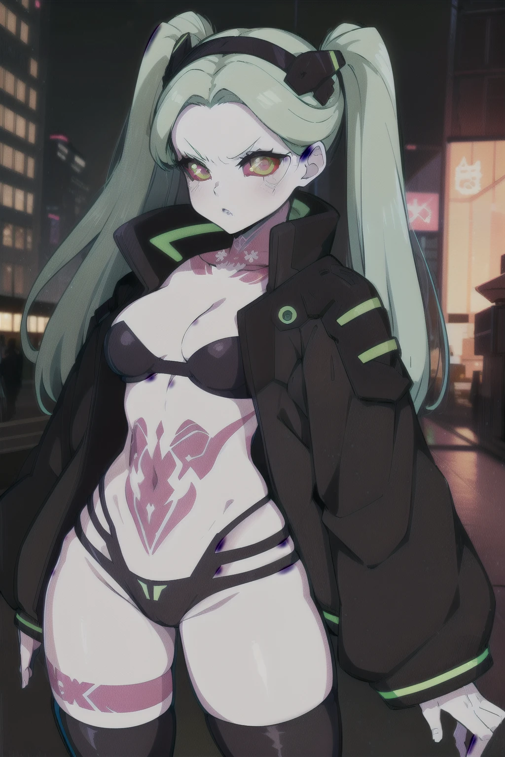 absurdres, highres, ultra detailed, rebecca, , solo, green hair, red sclera, pink tattoo, purple lips, twintails, hairband, headgear, black jacket, open clothes, black bra , looking at viewer, angry face , city, night sexy . Pantie black  , long socks. Standing front. 