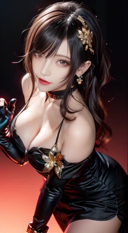 yor briar, anime style beutiful woman, 1girl, happy, sexy pause,(with sparkling eyes and a contagious smile:0.9),red face, closed mouth, beautiful detailed eyes, super detailed skin, backlighting, bare shoulders, black background, black dress, black gloves, black hair, breasts, dress, earrings, fingerless gloves, floating hair, floral print, flower, gloves, gold earrings, gold hairband, hair flower, hair ornament, hairband, holding, holding weapon, jewelry, large breasts, long hair, looking at viewer, off-shoulder dress, off shoulder,red eyes, short hair with long locks, sidelocks, solo, spikes, thighs, two-sided dress, two-sided fabric, weapon, fighting stance , face, close up, from above, highest quality, looking at viewer,high resolution.
