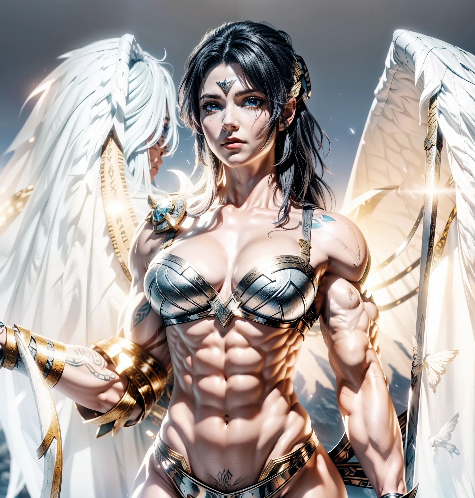 Asgard,Valkyrie,Senhora Cavaleiro,Anatomia correta,epic fantasy digital art,obra-prima,8k,high definition resolution,desenho detalhado,Qulidade Superior,, Epic composition, músculous body, tattoo on the muscular abdomen