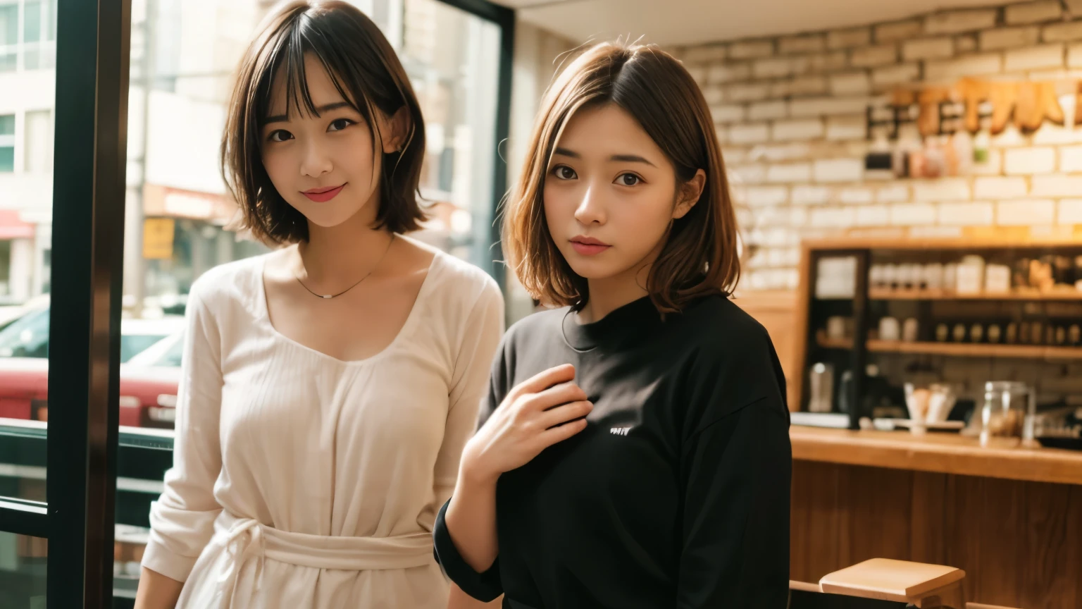 super high quality, Slender, Gravure photoshoot, The staff is working at the counter in the back., (8k、RAW Photos、highest quality、masterpiece:1.2), Japanese Idol, Stylish café, (Realistic、Photorealistic:1.37), Bob Hair, Mesh Hair, Normal chest, Urban Cafe, Golden Ratio, Raw photo, Cute face , Light Brown Hair, Bright cafe interior, Blurred Background, Spring Clothes, A sweet expression, Curly Hair, Loose Palmer, Watching the audience, Beautiful hairstyle, Spoiled, Obedience, Troubled expression, Hair blowing in the wind, Neat clothes, 18-year-old, younger sister, 
