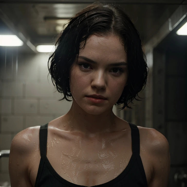 Daisy Ridley with super short, wet hair like Trinity's hair from the movie The Matrix