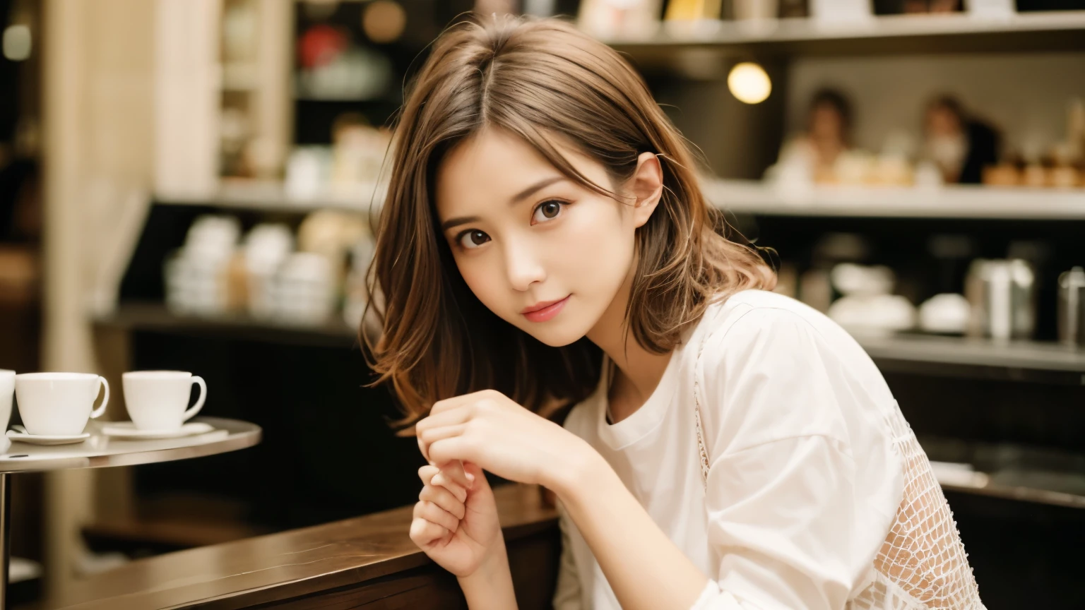 super high quality, Slender, Gravure photoshoot, The staff is working at the counter in the back., (8k、RAW Photos、highest quality、masterpiece:1.2), Japanese Idol, Stylish café, (Realistic、Photorealistic:1.37), Bob Hair, Mesh Hair, Normal chest, Urban Cafe, Golden Ratio, Raw photo, Cute face , Light Brown Hair, Bright cafe interior, Blurred Background, Spring Clothes, A sweet expression, Curly Hair, Loose Palmer, Watching the audience, Beautiful hairstyle, Spoiled, Obedience, Troubled expression, Hair blowing in the wind, Neat clothes, 18-year-old, younger sister, 
