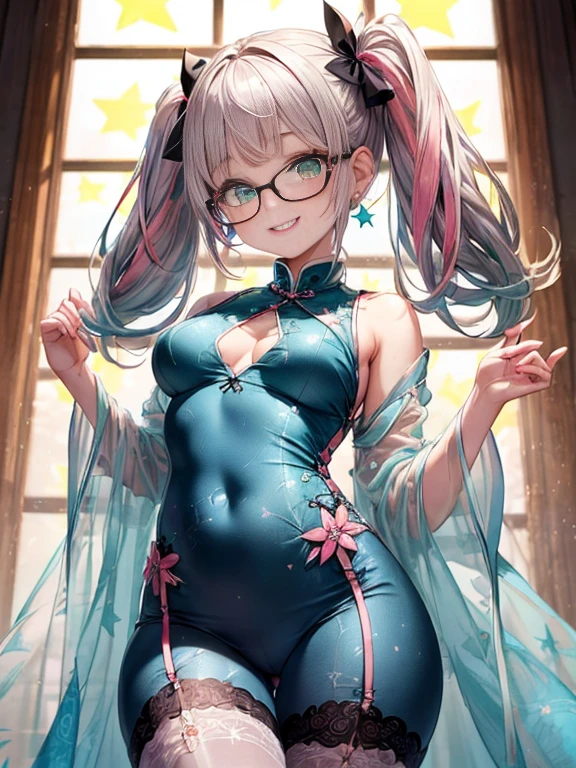 小さなgirl、Small breasts、The arrival of spring、Thick thighs、 (alone:1.5,)Very detailed,Bright colors, Very beautiful detailed anime faces and eyes, Look straight ahead,, Shiny_skin,girl, ((Silver long hair,The inner color is red)) 、Forehead is exposed.、Green Eyes、Glasses、Shiny hair, Delicate beautiful face, blush、(Turquoise Eyes), White skin, Valletta, Earrings,、blue flower field、(((Star pattern pink、Long China Clothing、Blue Bloomer)))、Twin tails、smile、smile、Face dyed red