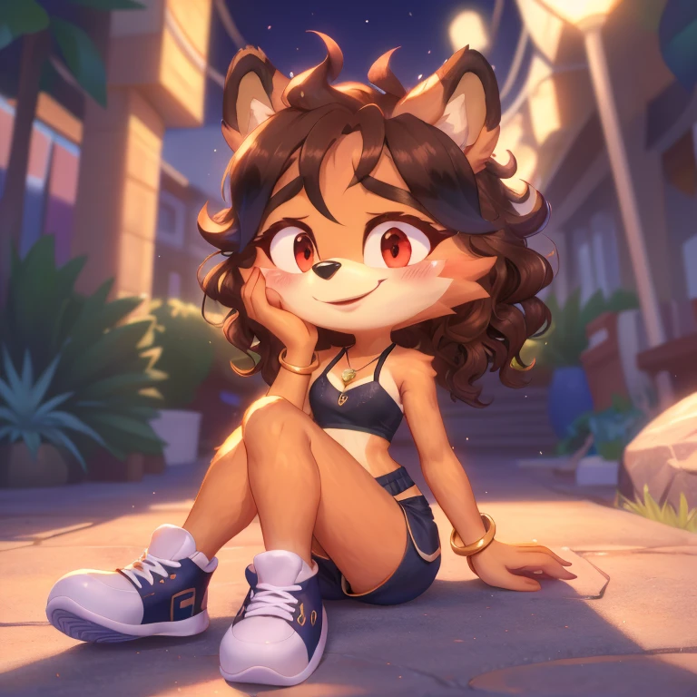 mobian, hedgehog, two-tone fur ((orange fur, brown fur)), pyjama elastic shorts, strapless crop top, cleavage, high-top sneakers, two-tone hair (brown hair, black tip)), curly hair, halo, sunglasses, jewelry, red eyes, longeyelashes, red eyes, smile, shy, blush, high detail, masterpiece, UHD, anatomically correct, super detail, highres, 4K