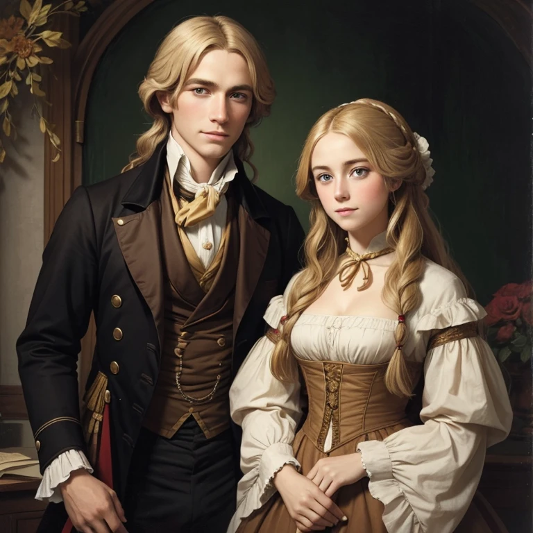 A man with blonde hair and a woman with long brown hair from the 1820s as a couple