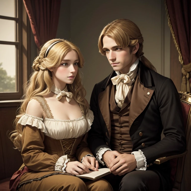 A man with blonde hair and a woman with long brown hair from the 1820s as a couple