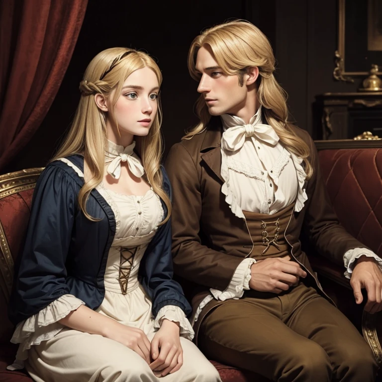 A man with blonde hair and a woman with long brown hair from the 1820s as a couple