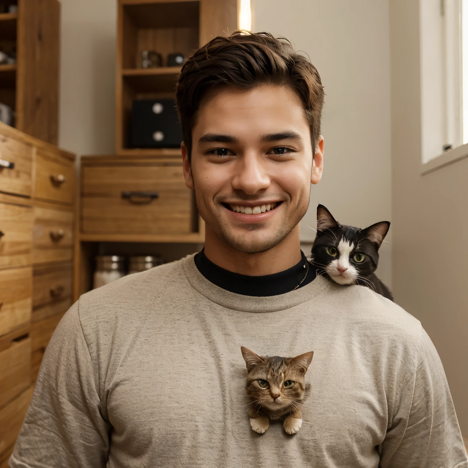 Men with cute smile have pet cute tiny cat