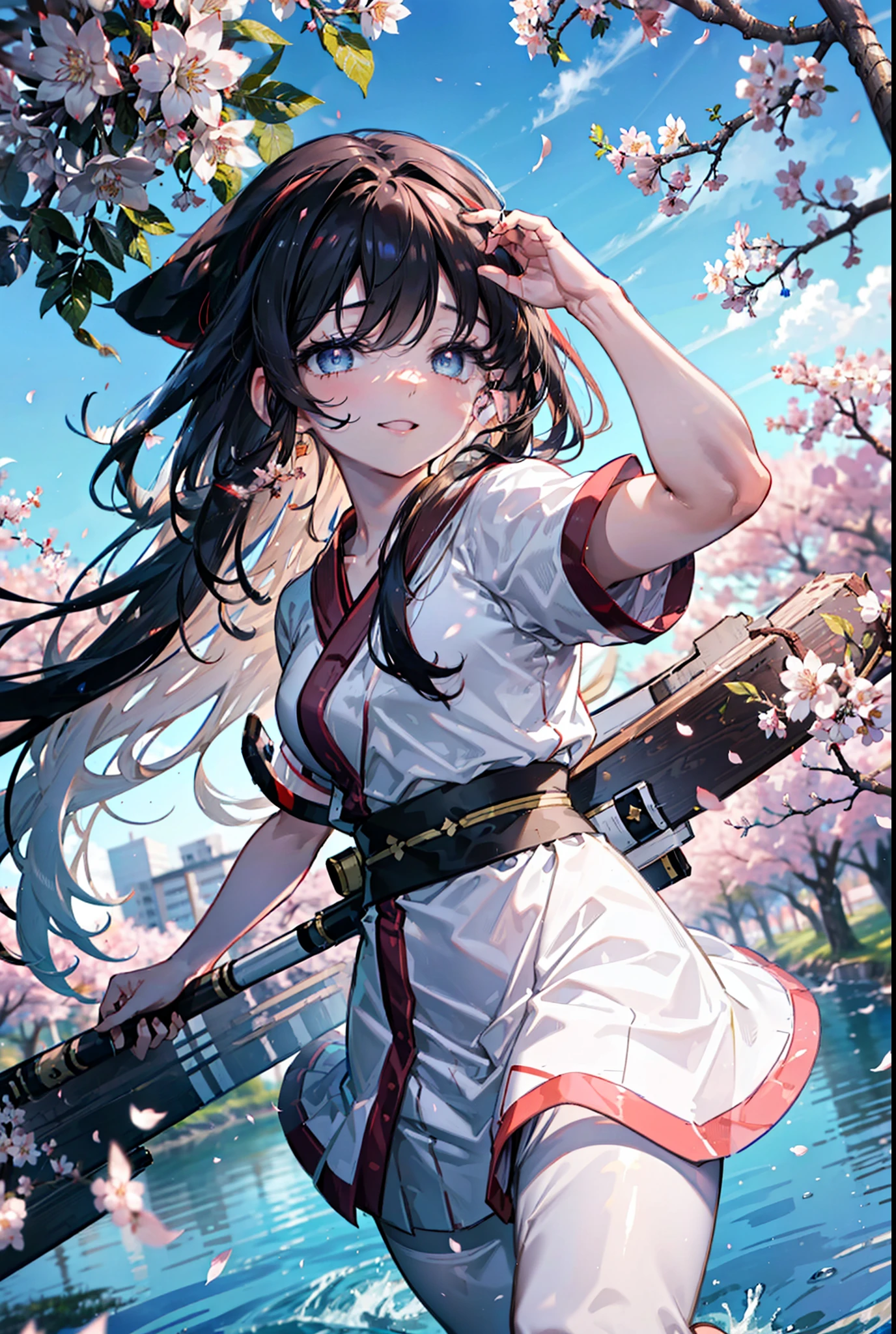 Nakoruru,samurai  spirits,Long Hair, Black Hair, black eye ,hair band,Medium chest,happy smile, smile, Open your mouth,White sailor suit,Blue pleated skirt,Black pantyhose,Brown loafers,Cherry blossoms are blooming,Cherry blossoms are scattered,Cherry blossom tree-lined path,
break looking at viewer,
break outdoors, School　School building,
break (masterpiece:1.2), highest quality, High resolution, unity 8k wallpaper, (figure:0.8), (Detailed and beautiful eyes:1.6), Highly detailed face, Perfect lighting, Extremely detailed CG, (Perfect hands, Perfect Anatomy),