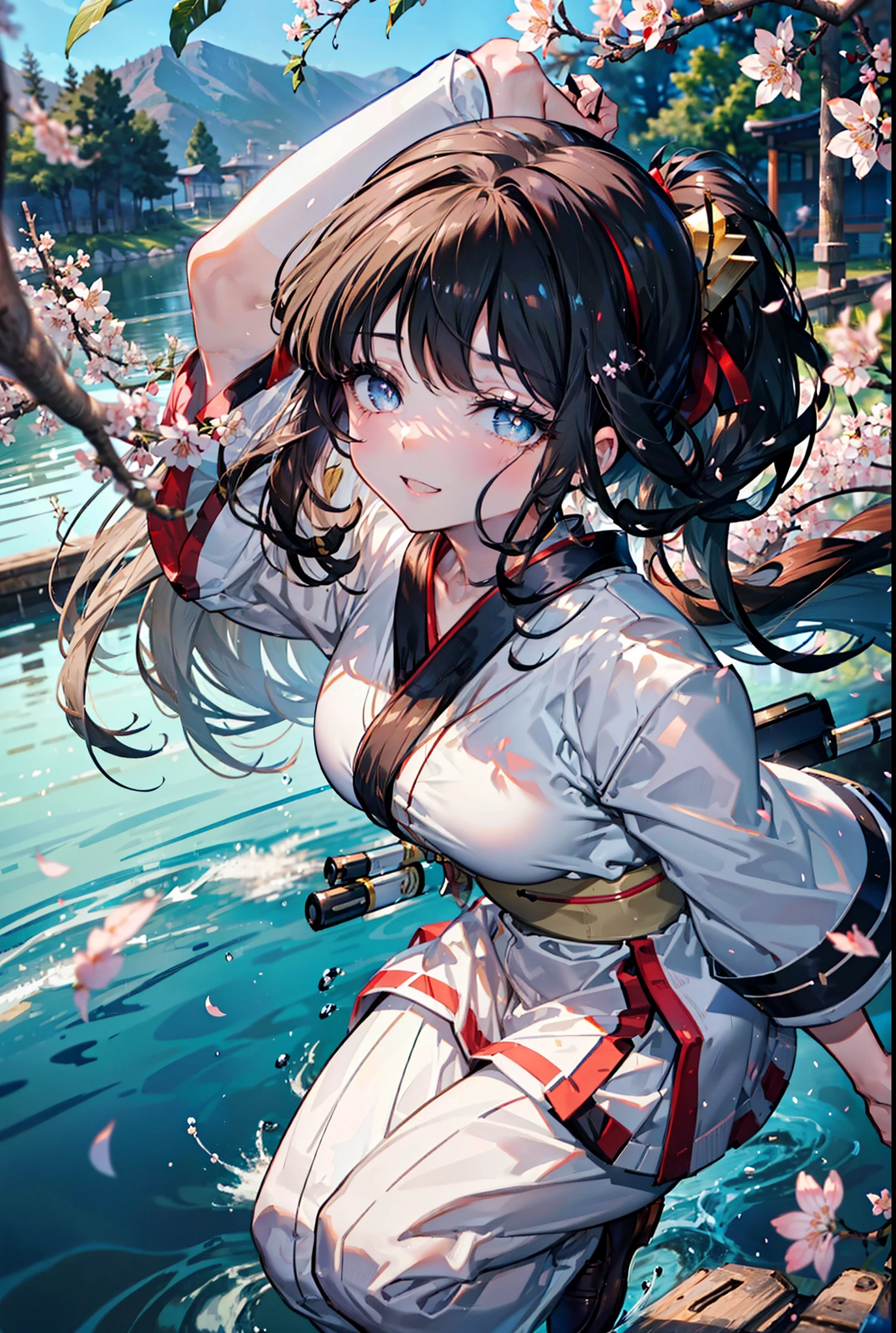 Nakoruru,samurai  spirits,Long Hair, Black Hair, black eye ,hair band,Medium chest,happy smile, smile, Open your mouth,White sailor suit,Blue pleated skirt,Black pantyhose,Brown loafers,Cherry blossoms are blooming,Cherry blossoms are scattered,Cherry blossom tree-lined path,
break looking at viewer,
break outdoors, School　School building,
break (masterpiece:1.2), highest quality, High resolution, unity 8k wallpaper, (figure:0.8), (Detailed and beautiful eyes:1.6), Highly detailed face, Perfect lighting, Extremely detailed CG, (Perfect hands, Perfect Anatomy),
