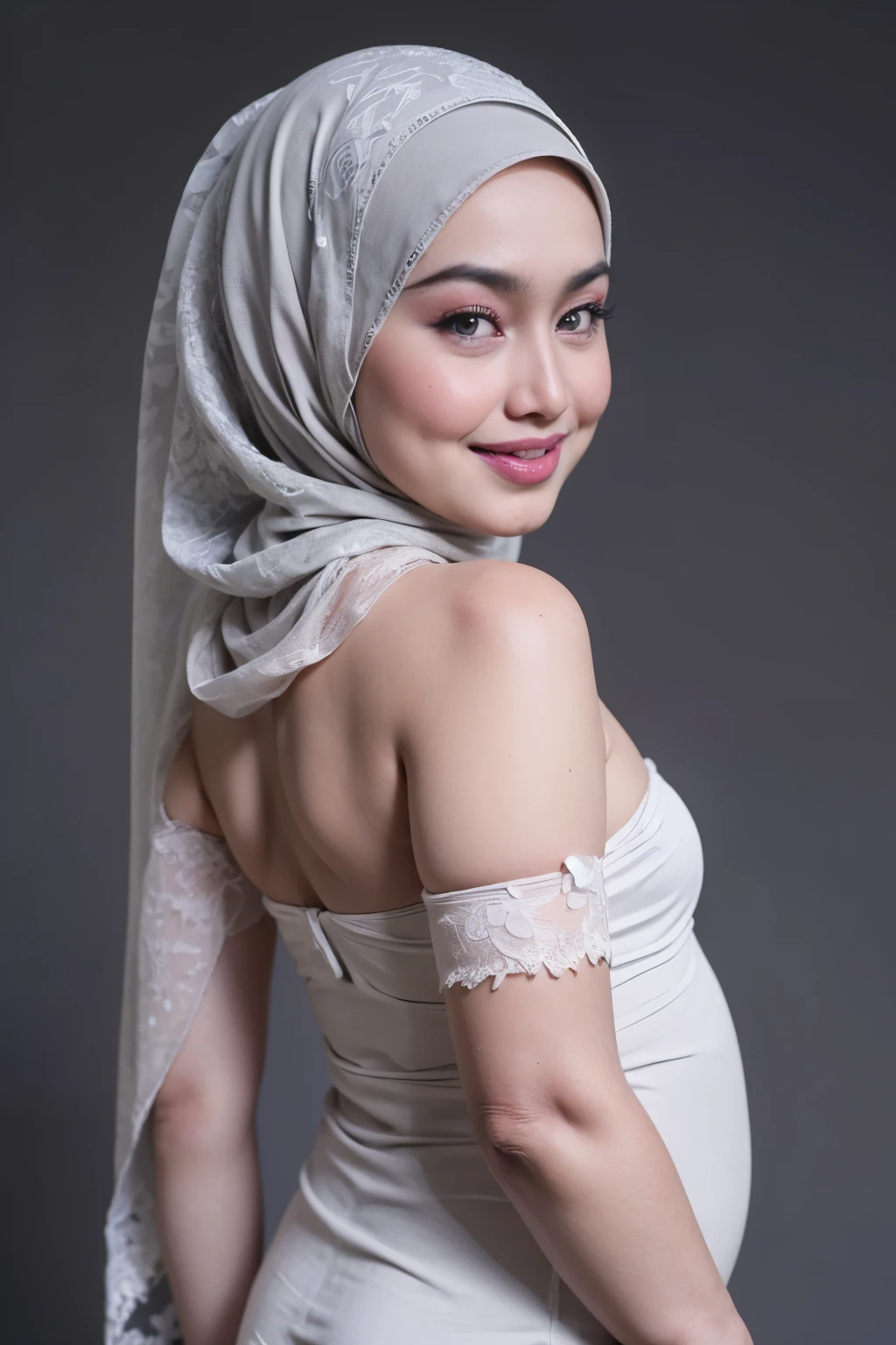 ((CHUBBY:1.4)), ((Lace)), (Happy smile), (((HIJAB MALAY GIRL))), masutepiece, High quality, UHD 32K, Realistic face, Realistic skin feeling , A Japanese Lady, 58 years old matured lady, , Very cute and baby-like face, (((FLAT CHEST))), (Night time at forest), ((look In front  at the camera and SADNESS)), (((WHITE FLUORESCENT))), (((CUTE GIRL))), ((LIGHT GREY FLUORESCENT LIPS)), ((Floral Pattern)) little wearing strapless bra, strapless colorful bra, dark night background , black forest night, horror scary place, (from behind up) seductive pose, naked naked 