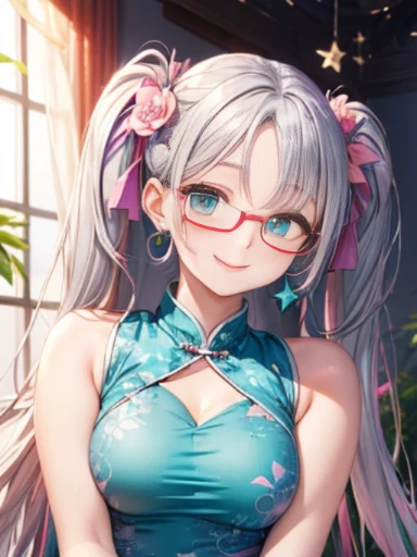 小さなgirl、Small breasts、The arrival of spring、Thick thighs、 (alone:1.5,)Very detailed,Bright colors, Very beautiful detailed anime faces and eyes, Look straight ahead, ;d, Shiny_skin,girl, ((Silver long hair,The inner color is red 、Forehead is exposed.、Green Eyes、Glasses、Shiny hair, Delicate beautiful face, blush、(Turquoise Eyes), White skin, Valletta, Earrings,、blue flower field、(((Star pattern pink、Long China Clothing、Purple Bloomer)))、Twin tails、smile、smile、Face dyed red