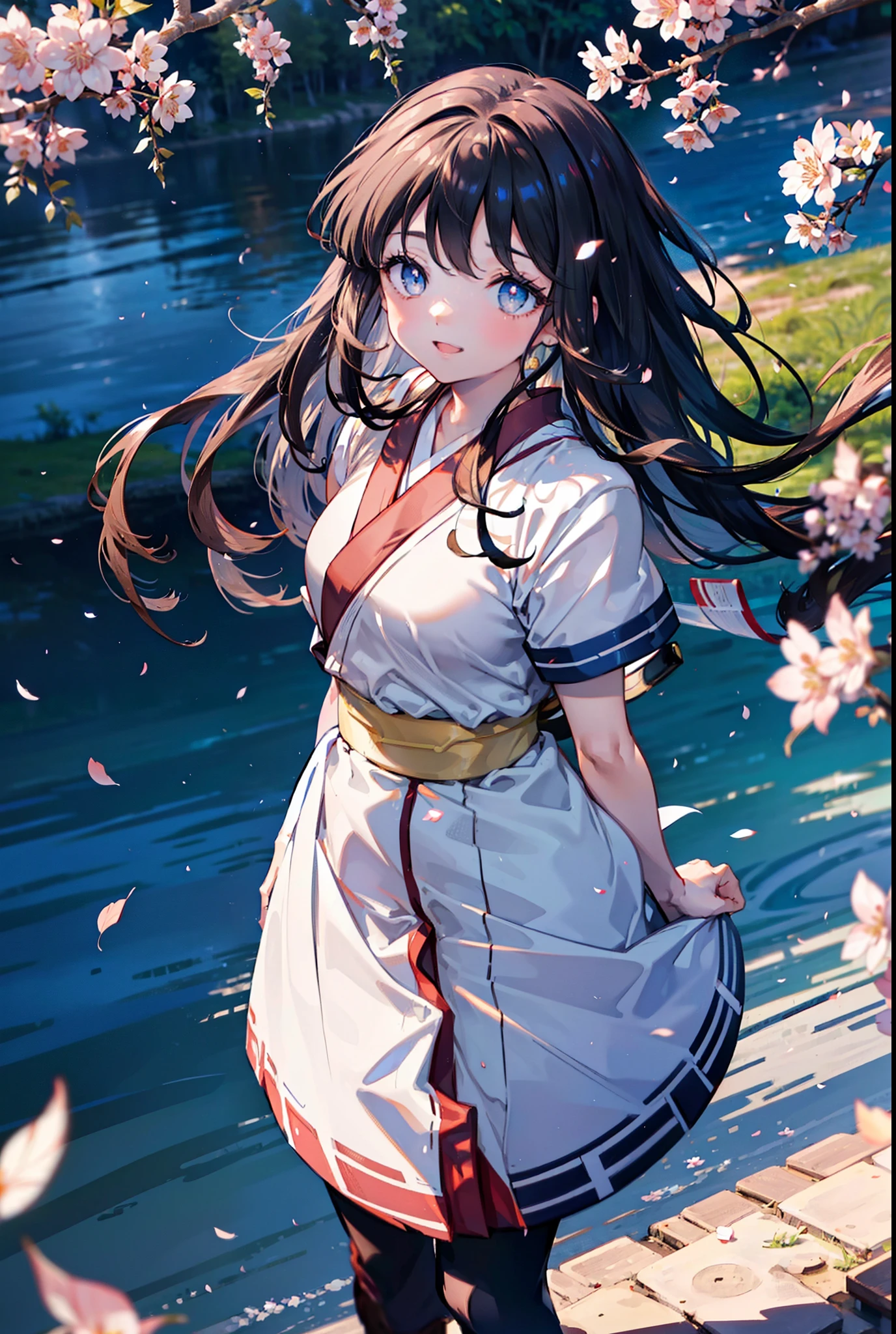Nakoruru,samurai spirits,Long Hair, Black Hair, black eye ,hair band,Medium chest,happy smile, smile, Open your mouth,White sailor suit,Blue pleated skirt,Black pantyhose,Brown loafers,Cherry blossoms are blooming,Cherry blossoms are scattered,Cherry blossom tree-lined path,
break looking at viewer,
break outdoors, School School building,
break (masterpiece:1.2), highest quality, High resolution, unity 8k wallpaper, (figure:0.8), (Detailed and beautiful eyes:1.6), Highly detailed face, Perfect lighting, Extremely detailed CG, (Perfect hands, Perfect Anatomy),