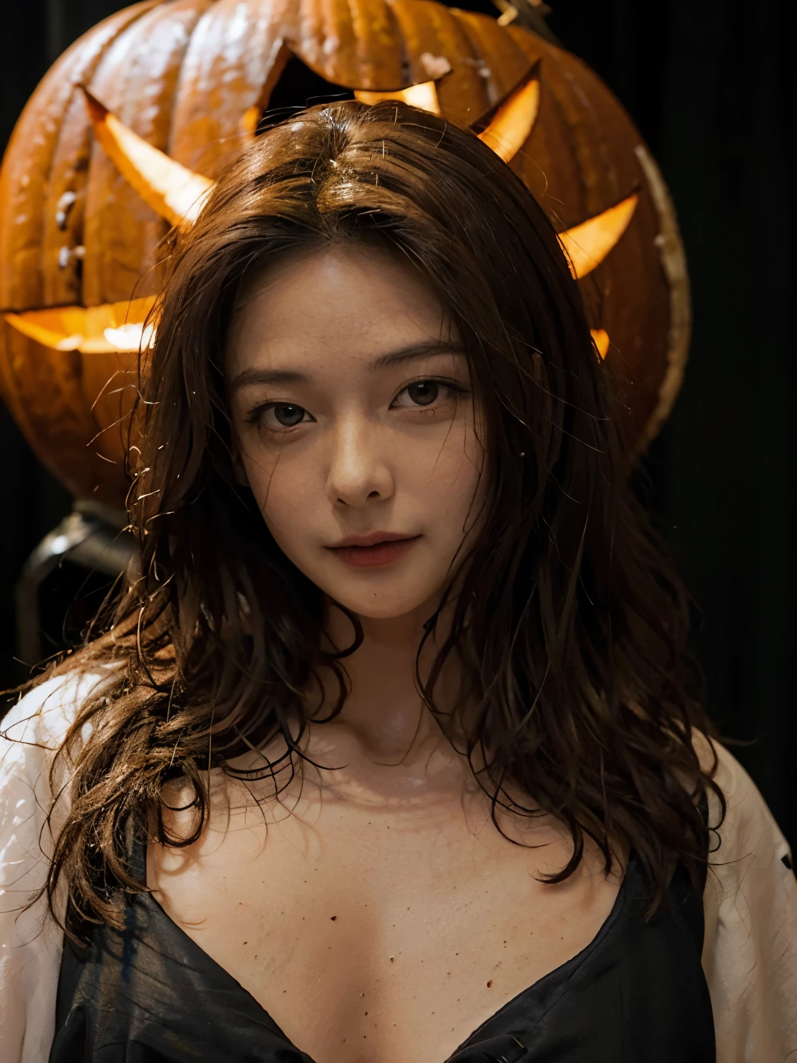 Vietnamese Korean girl, young witch cosplay, pumpkin lantern, Halloween Theme, witch's broom, Bird's-eye view, Big breasts, chubby, I pulled my pony half up and had a bun of hair.