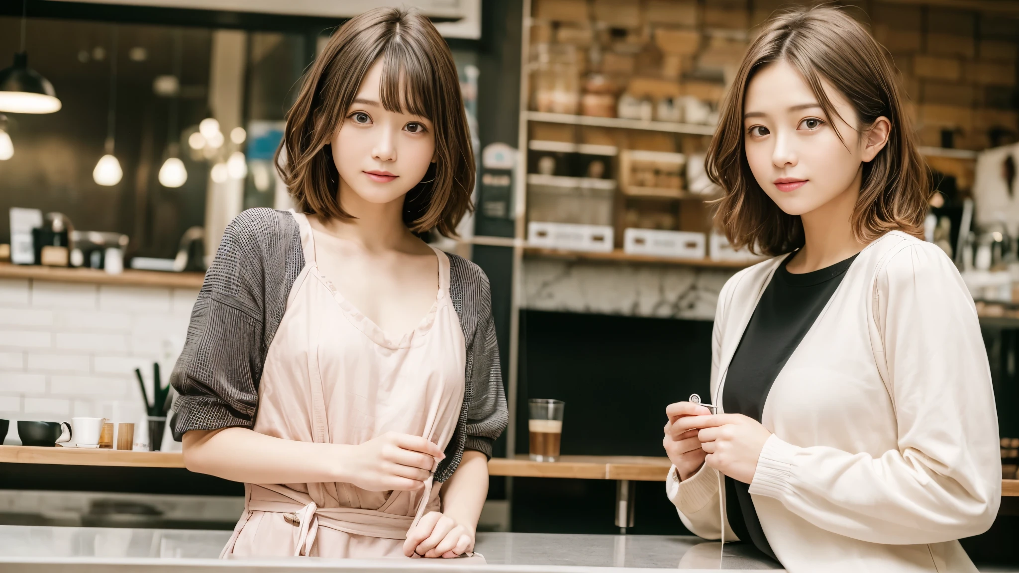 super high quality, Short Hair, Slender, Gravure photoshoot, The staff is working at the counter in the back., (8k、RAW Photos、highest quality、masterpiece:1.2), Japanese Idol, Stylish café, (Realistic、Photorealistic:1.37), Mesh Hair, Normal chest, Urban Cafe, Golden Ratio, Raw photo, Cute face , Light Brown Hair, Bright cafe interior, Blurred Background, Spring Clothes, A sweet expression, Curly Hair, Watching the audience, Beautiful hairstyle, Spoiled, Obedience, Troubled expression, Hair blowing in the wind, Neat clothes, 18-year-old, younger sister,