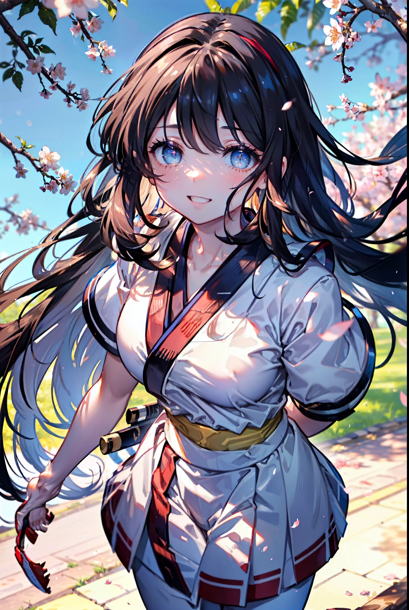 Nakoruru,samurai spirits,Long Hair, Black Hair, black eye ,hair band,Medium chest,happy smile, smile, Open your mouth,White sailor suit,Blue pleated skirt,Black pantyhose,Brown loafers,Cherry blossoms are blooming,Cherry blossoms are scattered,Cherry blossom tree-lined path,
break looking at viewer,
break outdoors, School School building,
break (masterpiece:1.2), highest quality, High resolution, unity 8k wallpaper, (figure:0.8), (Detailed and beautiful eyes:1.6), Highly detailed face, Perfect lighting, Extremely detailed CG, (Perfect hands, Perfect Anatomy),