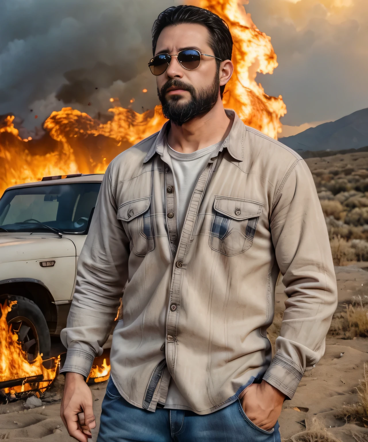 Obra maestra, desenfoque de campo, Parte superior del cuerpo, hands in pants pockets , 38 year old man with beard and square sunglasses. Man wearing a plaid shirt in an action movie with a fire storm in the background.