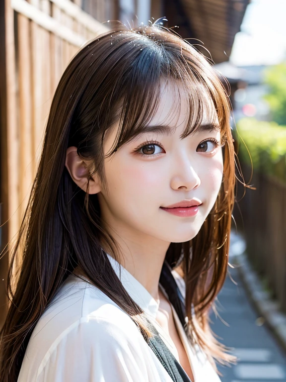 With the alleys of Kyoto in the background、18-year-old girl、independent、Look forward、Light eye makeup、Brown Hair Color、flat 、Hair blowing in the wind、Quality of actress、Shiny, Ultra-realistic faces、smileの表情、Watery eyes、look up、Soothing lighting effects、 Ultra-Realistic Capture、Very detailed、High resolution 16k human skin closeup。Skin texture must be natural、Must be so detailed that pores are visible、skin is healthy、Must be of uniform tone、Use natural light and color、High quality photos taken by modeling agencies&#39;Exclusive photographer、smile