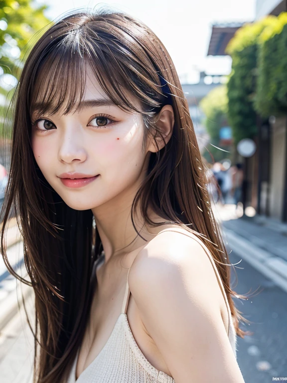 With the alleys of Kyoto in the background、18-year-old girl、independent、Look forward、Light eye makeup、Brown Hair Color、flat 、Hair blowing in the wind、Quality of actress、Shiny, Ultra-realistic faces、smileの表情、Watery eyes、look up、Soothing lighting effects、 Ultra-Realistic Capture、Very detailed、High resolution 16k human skin closeup。Skin texture must be natural、Must be so detailed that pores are visible、skin is healthy、Must be of uniform tone、Use natural light and color、High quality photos taken by modeling agencies&#39;Exclusive photographer、smile