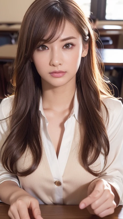 (UHD, masterpiece, anatomically correct, textured skin, super detail, best quality, highres, 8k, bloom, Front Light:1.2, perfect dynamic composition), (24-years-old, 1 person, Cute and sexy high school teacher, sexy face, long face, distant eyes, Gentle eyelids, thin eyebrows, Gentle corners of the eyes, Hawk-like nose:1.4, completely charm you, Eyes that feel erotic, A taste of beautiful eroticism, Too cute beauty), break, absurd, one person's perspective, ((White button-up shirt)), ((Navy blue formal jacket)), (enchanting smile:0.8), (look at the viewer), (long hair, Inward curled hair, bangs, smooth hair), (beige colored hair:1.2), (close up on chest: 1.3), ((very close relationship:1.4)), Medium chest, ((Place your hands on the table:1.2, Facing each other across the table:1.2)), ((in the school library)), (taken from above:1.2), Kitagawa Keiko.