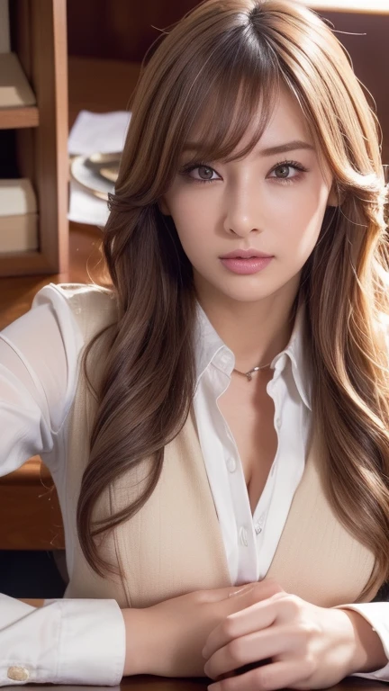 (UHD, masterpiece, anatomically correct, textured skin, super detail, best quality, highres, 8k, bloom, Front Light:1.2, perfect dynamic composition), (24-years-old, 1 person, Cute and sexy high school teacher, sexy face, long face, distant eyes, Gentle eyelids, thin eyebrows, Gentle corners of the eyes, Hawk-like nose:1.4, completely charm you, Eyes that feel erotic, A taste of beautiful eroticism, Too cute beauty), break, absurd, one person's perspective, ((White button-up shirt)), ((Navy blue formal jacket)), (enchanting smile:0.8), (look at the viewer), (long hair, Inward curled hair, bangs, smooth hair), (beige colored hair:1.2), (close up on chest: 1.3), ((very close relationship:1.4)), Medium chest, ((Place your hands on the table:1.2, Facing each other across the table:1.2)), ((in the school library)), (taken from above:1.2), Kitagawa Keiko.