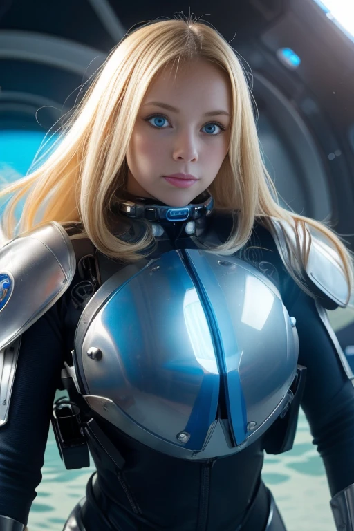 1girl, blonde_hair, solo,(space helmet):6, blue_eyes, looking_at_viewer, futuristic_diving_suit, realistic, breasts, long_hair, lips, medium_breasts, cyborg_enhancements, high_tech_armor, underwater, coral_reef, tropical_fish, sunlight_rays, futuristic_breathing_apparatus