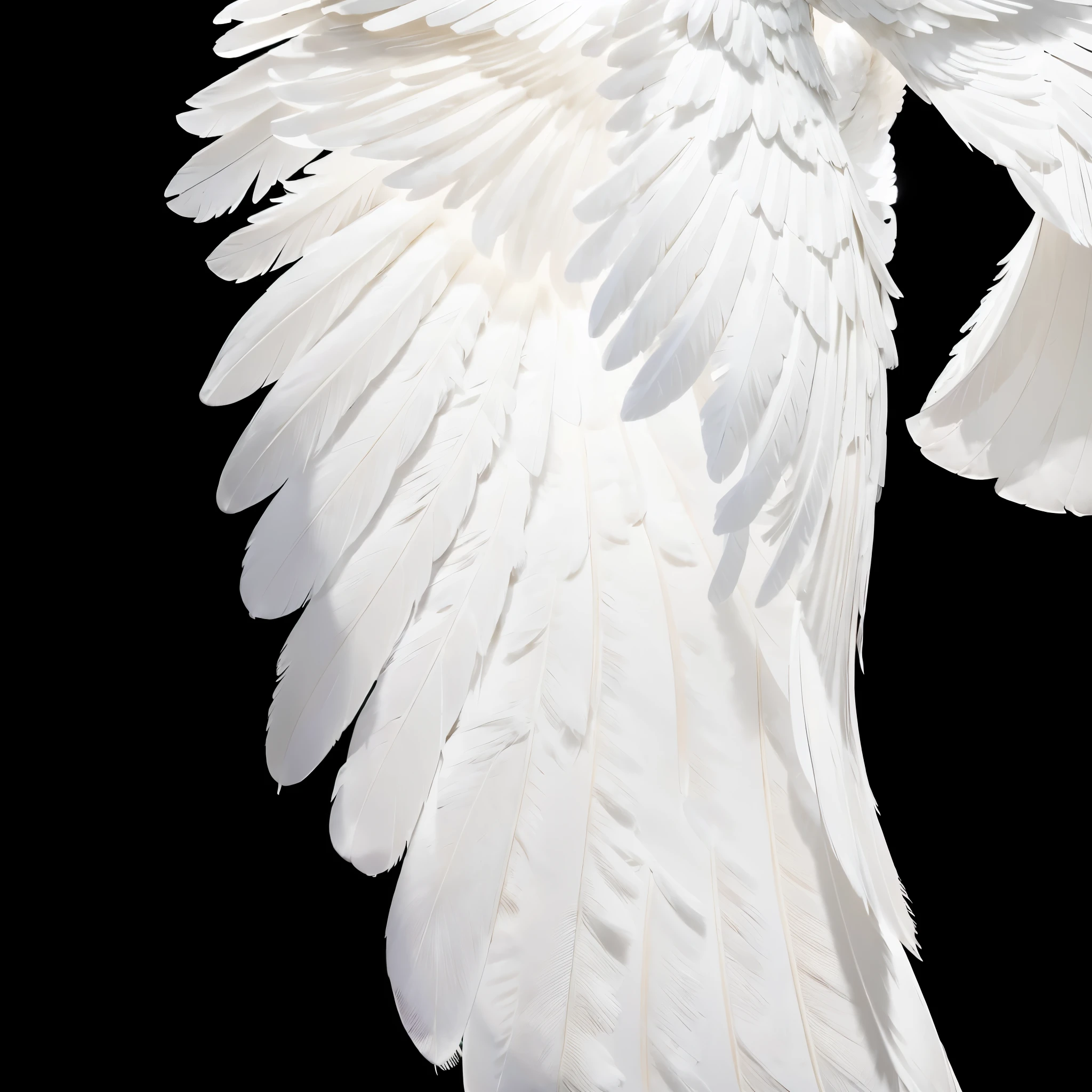 white bright glowing angel on black background, white realistic feather on wings, flying pose, ascending, angelic pose, angel wings facing bottom, ascending wing pose, very big wings, giant angel wings on closeup, closeup angel wings, angel is light source, over exposured angel, masterpiece photo, photorealism, detailed angel wings