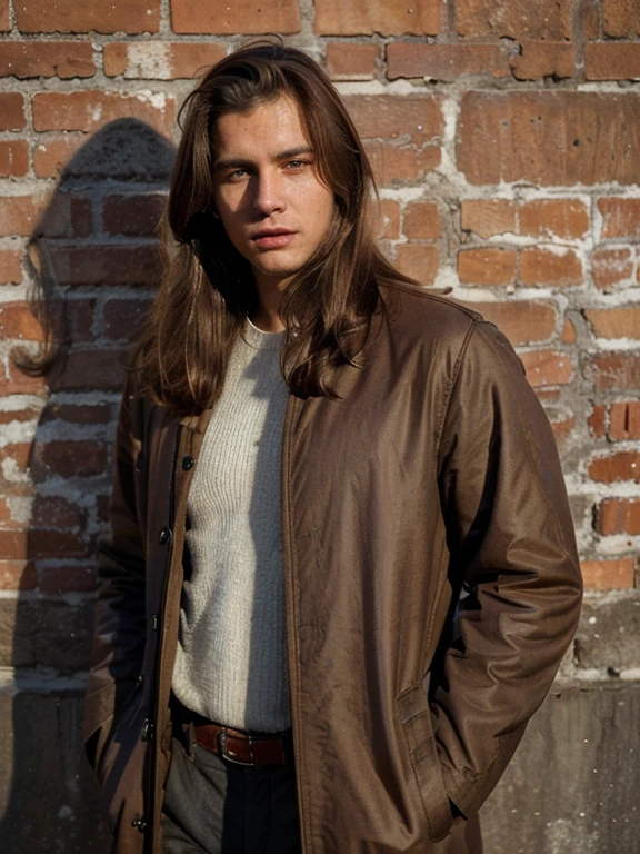 (masterpiece,best quality,photorealistic) (man 22 years old) (full-length photo) (against a brick wall) (man has brown hair, oval face stretched upwards, hairstyle - haircut, hair length - 8 cm) (color Porta 160, taken on ARRI ALEXA 65) (unprocessed photo) (perfect angle) (man is wearing a coat and business suit) (natural light)