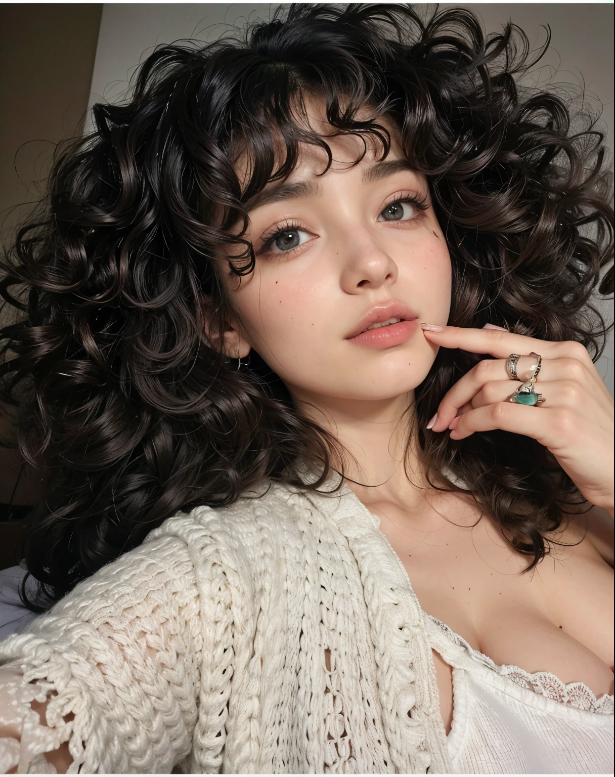 Mulher perfeita, boca perfeita, dedos perfeitos, boca perfeita, Flawless nose, olhos escuros perfeitos, cabelo cacheado e comprido, seios grandes e bonitos.