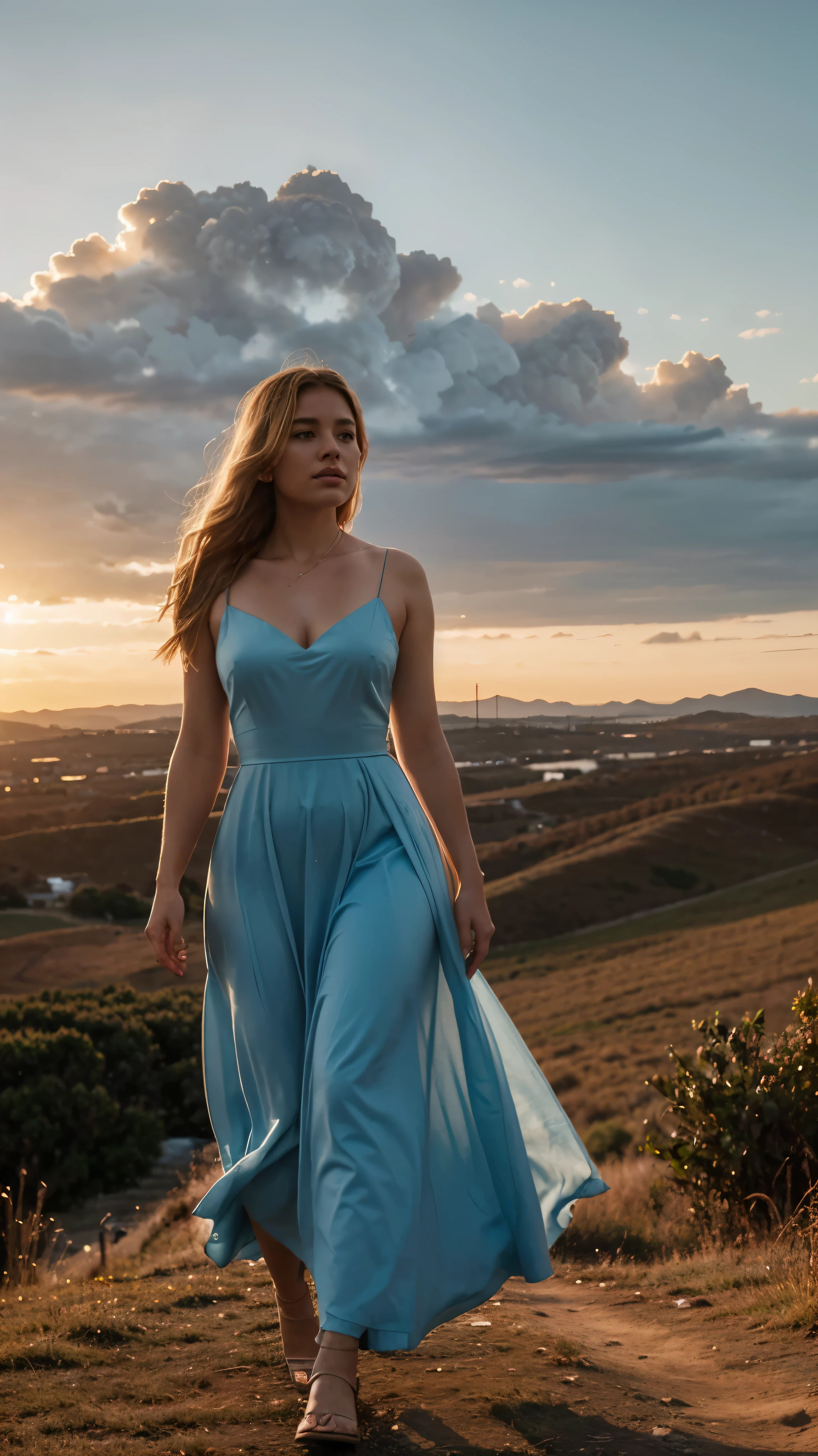 A captivating digital artwork by Matt Cavotta, winner of the Unsplash contest, featuring a blonde-haired woman wearing a simple icy blue gown. She is gracefully walking up a hill at sunset, with a breathtaking sky as the backdrop. The realistic magical scene showcases the girl standing on a hill, with her gaze fixed on the setting sun. The cinematic portrait captures her in a dramatic, full-body shot, showcasing her silhouette against the golden hour. The combination of the ethereal atmosphere and the dramatic lighting creates a mesmerizing cinematic experience., cinematic