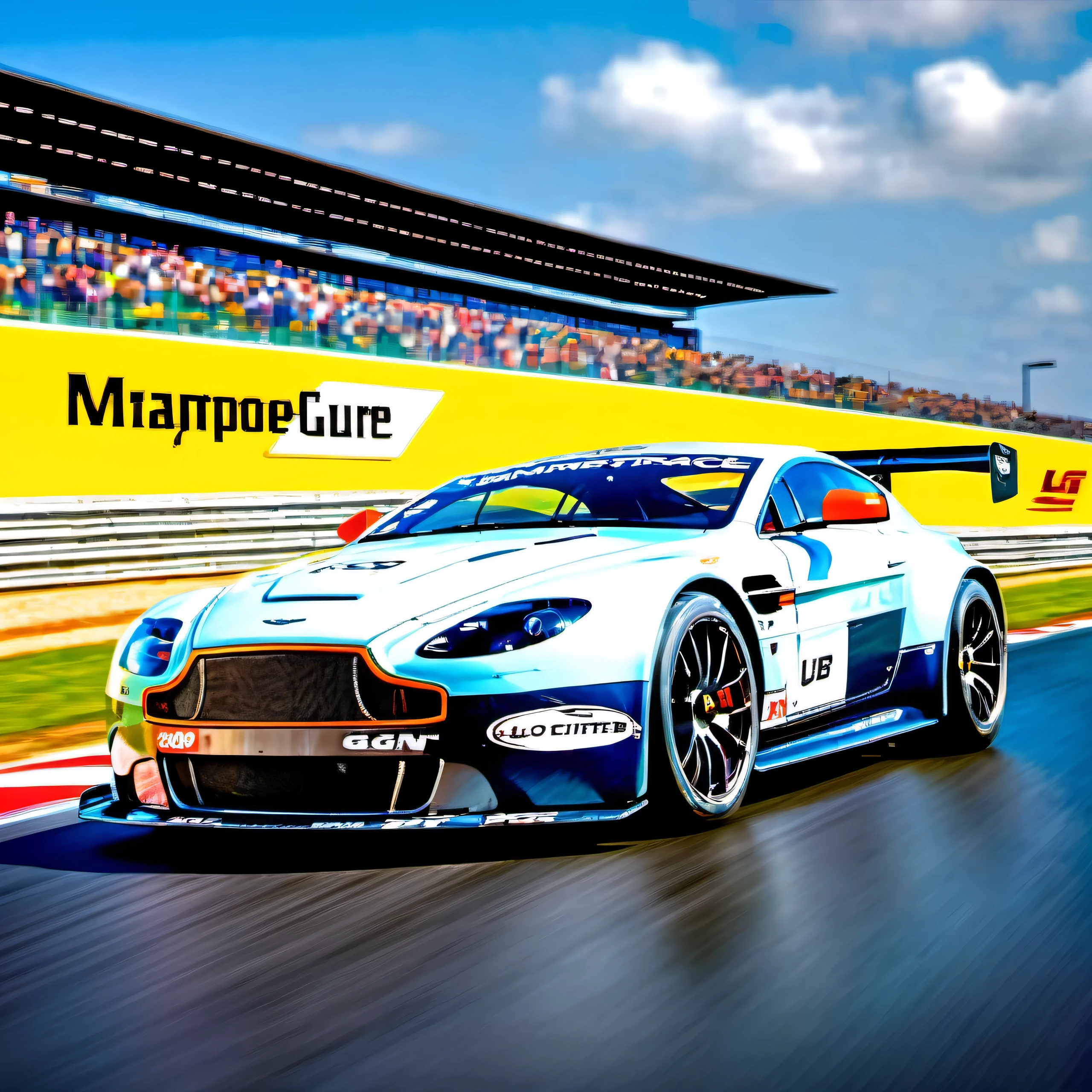 masterpiece, best quality, aston martin, V8 Vantage GT2, 2008, 2009, 2010, 2011, le mans race track, in motion, UHD, HDR, 4k, ray tracing