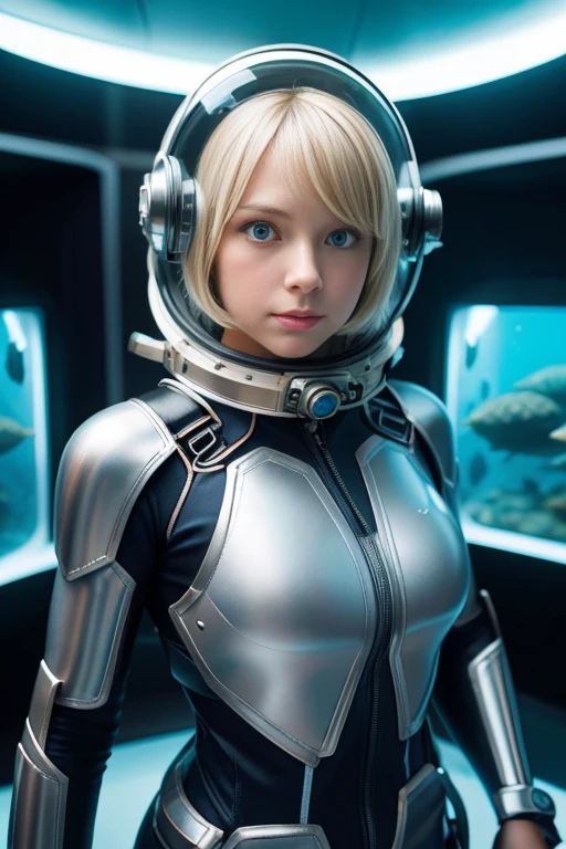 1girl, blonde_hair, solo,(space helmet):6, blue_eyes, looking_at_viewer, futuristic_diving_suit, realistic, breasts, short_hair, lips, medium_breasts, cyborg_enhancements, high_tech_armor, underwater, coral_reef, tropical_fish, sunlight_rays, futuristic_breathing_apparatus