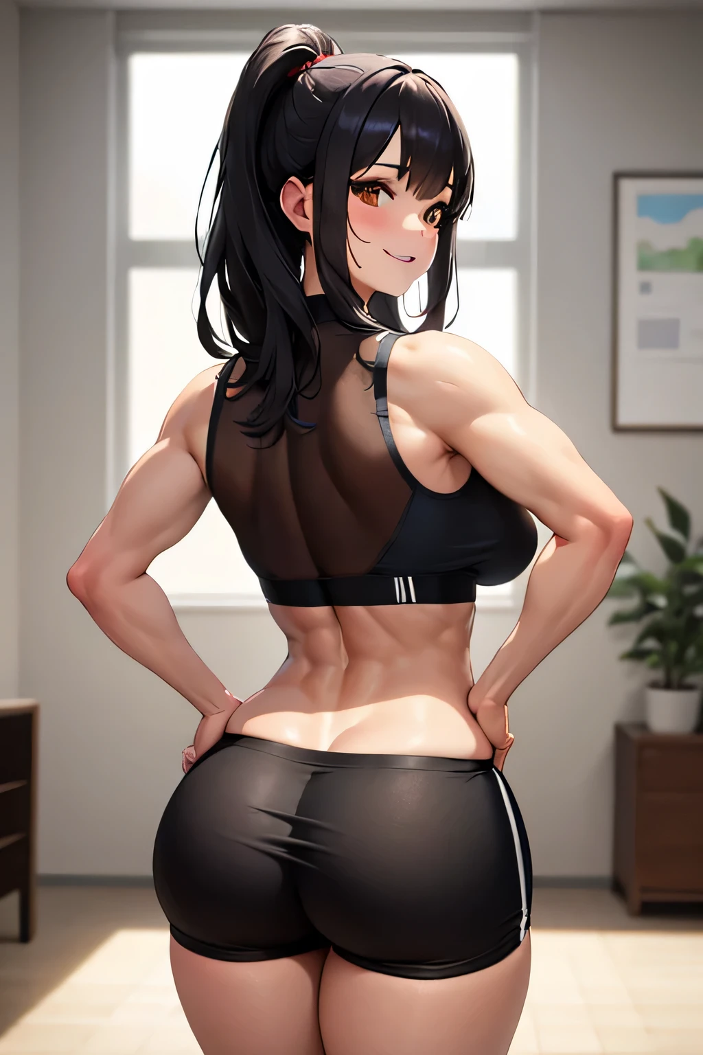 ((best quality)), ((masterpiece)), (detailed), perfect face, young, 1 girl, in a room, brown eyes, smiling Athletic, strong, slim body, six pack abs toned muscles, beautiful super long straight black hair, bangs, caring, wearing a very seethrough sports bra, tight see-through black booty shorts, very curvy figure, adorable face, large nicely shaped soft breasts, thick soft athletic butt, super thick muscular thighs, long legs