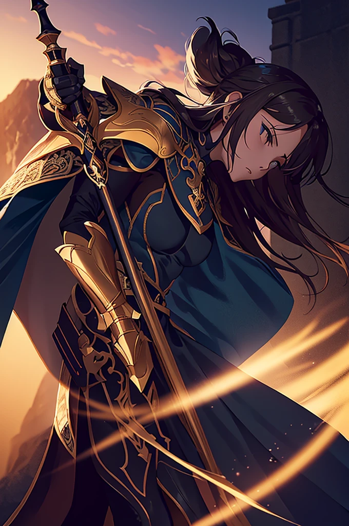 At the top of a steep hill, against the twilight horizon, an imposing figure stands with majesty. A woman, wearing full armor, stands at the highest point of the terrain, gazing determinedly into the valley below. Her helmet is adorned with intricate details, with a visor that reveals only her resolute eyes, shining with the golden light of the setting sun. Her armor, polished to an impeccable shine, is a masterpiece of craftsmanship, each plate meticulously forged to offer maximum protection without compromising mobility. Each piece gleams as it reflects the last rays of sunlight, creating a striking contrast with the somber landscape around her. In her right hand, she holds a longsword, whose gleaming blade seems eager to challenge any adversary that dares to cross her path. In the left, a shield adorned with a familiar crest, symbol of her lineage and heritage. The wind gently stirs the cape that envelops her shoulders, highlighting her firm and confident posture. She is a fearless warrior, a defender of her realm and her people, ready to face any challenge that fate may hold. Around her, the medieval scenery unfolds in all its grandeur. Castle towers rise against the orange-tinted sky, while verdant fields stretch as far as the eye can see. The distant sound of church bells and the clashing of swords echo through the air, reminding her of the constantly conflicted world she has sworn to protect. In this solemn moment, she prepares to descend the steep slope toward the valley below, where destiny awaits with its challenges and dangers. But she does not falter; her heart is filled with courage and determination, ready to face any battle that life may present her.