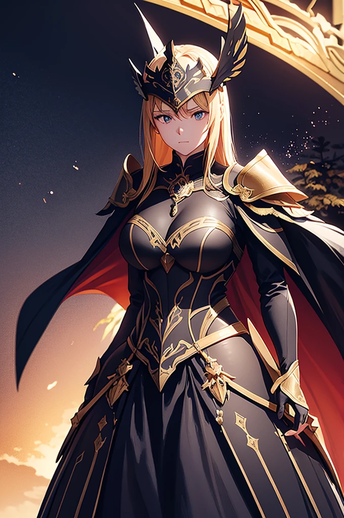 At the top of a steep hill, against the twilight horizon, an imposing figure stands with majesty. A woman, wearing full armor, stands at the highest point of the terrain, gazing determinedly into the valley below. Her helmet is adorned with intricate details, with a visor that reveals only her resolute eyes, shining with the golden light of the setting sun. Her armor, polished to an impeccable shine, is a masterpiece of craftsmanship, each plate meticulously forged to offer maximum protection without compromising mobility. Each piece gleams as it reflects the last rays of sunlight, creating a striking contrast with the somber landscape around her. In her right hand, she holds a longsword, whose gleaming blade seems eager to challenge any adversary that dares to cross her path. In the left, a shield adorned with a familiar crest, symbol of her lineage and heritage. The wind gently stirs the cape that envelops her shoulders, highlighting her firm and confident posture. She is a fearless warrior, a defender of her realm and her people, ready to face any challenge that fate may hold. Around her, the medieval scenery unfolds in all its grandeur. Castle towers rise against the orange-tinted sky, while verdant fields stretch as far as the eye can see. The distant sound of church bells and the clashing of swords echo through the air, reminding her of the constantly conflicted world she has sworn to protect. In this solemn moment, she prepares to descend the steep slope toward the valley below, where destiny awaits with its challenges and dangers. But she does not falter; her heart is filled with courage and determination, ready to face any battle that life may present her.