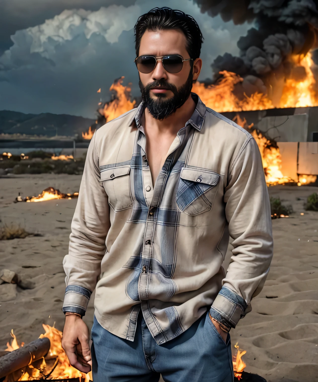 Obra maestra, desenfoque de campo, Parte superior del cuerpo, hands in pants pockets , 38 year old man with beard and square sunglasses. Man wearing a plaid shirt in an action movie with a fire storm in the background.