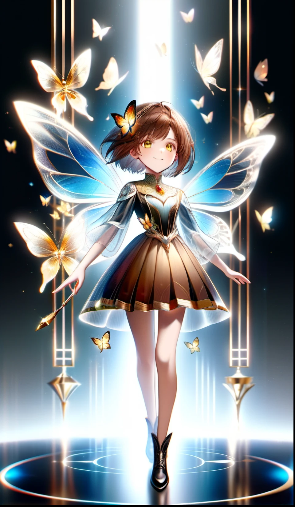 one human girl, playing with spiritual butterflies around spring, 10 years old, brown short hair, shining gold eyes, joyful, innocent, full body, illusory, fantasy, DonMSp3ctr4lXL, DonM3lv3nM4g1cXL, ((portrait)) ((masterpiece, best quality, ultra-detailed, an extremely delicate and beautiful)), ((photorealism, hyperrealism)), ((extremely detailed CG unity 8k wallpaper)), ((award winning, ccurate, UHD, textured skin, chromatic aberration, perfect anatomy, golden ratio)), (exquisite attention to detail), ((perfect_composition, perfect_design, perfect_layout, perfect_detail, ultra_detailed)), ((aesthetic harmony)), ((aesthetic style))