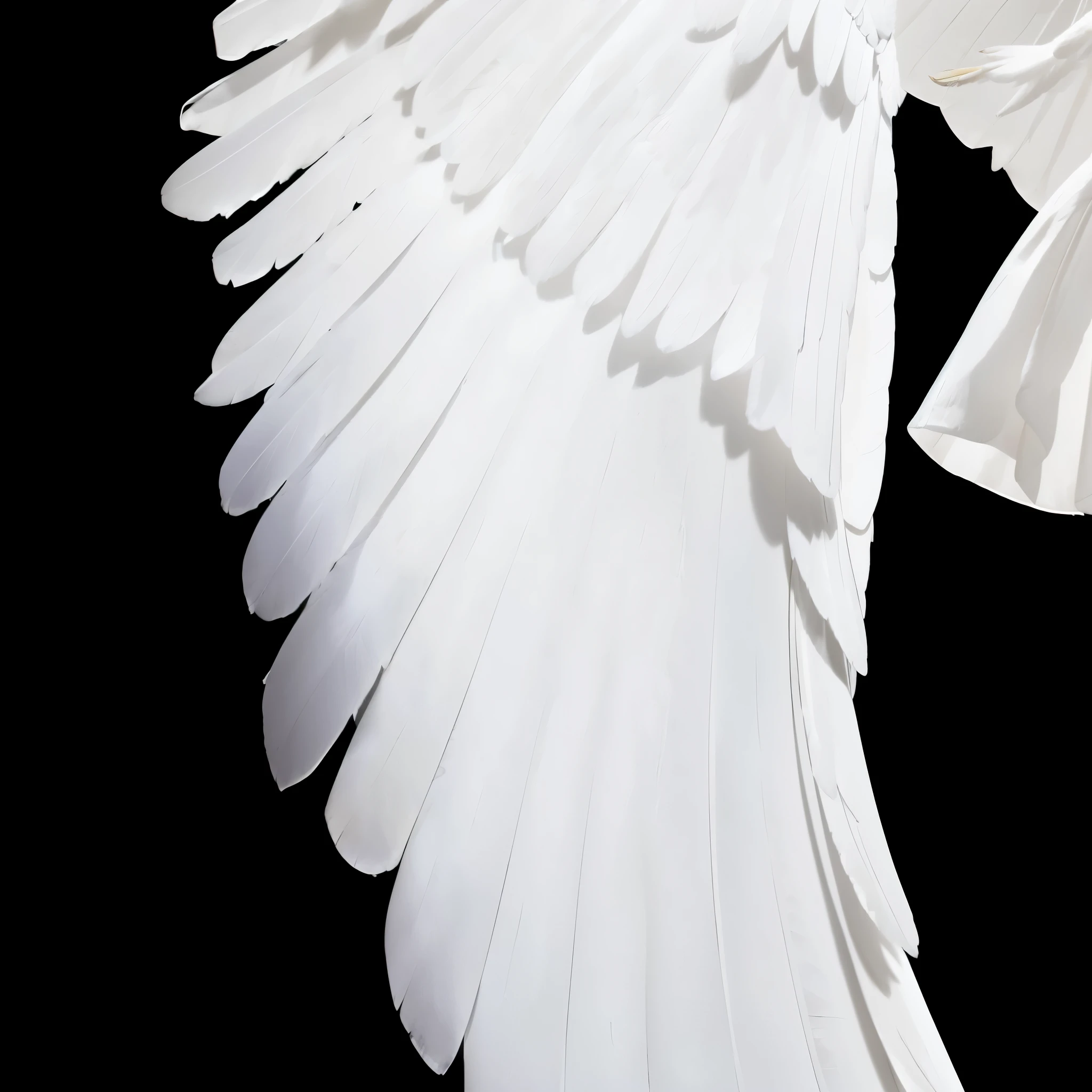 white bright glowing angel on black background, white realistic feather on wings, flying pose, ascending, angelic pose, angel wings facing bottom, ascending wing pose, very big wings, giant angel wings on closeup, closeup angel wings, angel is light source, over exposured angel, masterpiece photo, photorealism, detailed angel wings