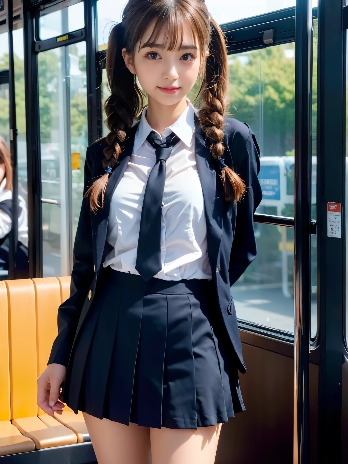 (((1 girl:1.5)))、Ultra-detailed、masterpiece、highest quality、超A high resolution、In 8K、High-level image quality、Real life action、Photogenic transparency、Gradation、Perfect anatomical body proportions ,hard disk、 Nikon Z9 80mm Renaste Piece、Cinematic lighting, Physically Based Rendering, Award-winning, Highly detailed skin, Highly detailed face, Blurred Background、in the bus、((Bus Guideの制服:1.4)), ((Bus Guide:1.4)), (Beautiful bright and clear brown hair), Fluffy curly hair、Twin tails、Looking at the camera、Lips shining with lip gloss、Natural light