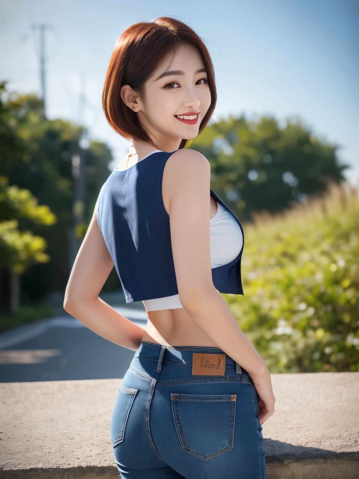(sfw:1.5)、1 female、masterpiece, RAW Photos, highest quality, reality、Depth of written boundary, Lens flare, (Low cut and tight )、(ultra short distance,Denim hot pants)),((Telegraph slang)),((Long legs)), (Thigh Gap:1.5),Small waist、(Wide Hips),(Big Ass),Cute Korean Girl, K-Pop Idols,(Big smile:1.3),Small waist、(Big Ass),((White crop top:1.5) Vest with exposed neckline), short hair, Redhead, reality的, photo shoot,(Exquisite detail), Very detailed, High resolution, original, highest quality, Detailed face, (Very beautiful face, Beautiful Lips, Beautiful Eyes), A face with intricate details, (Plump red lips),(Flared jeans)),(Thigh Gap:1.5),Small waist、(Wide Hips),(Big Ass), (Show Viewer:1.3) short hair, Redhead,Open chest, Turn back, (((Back Hip Shot)))
