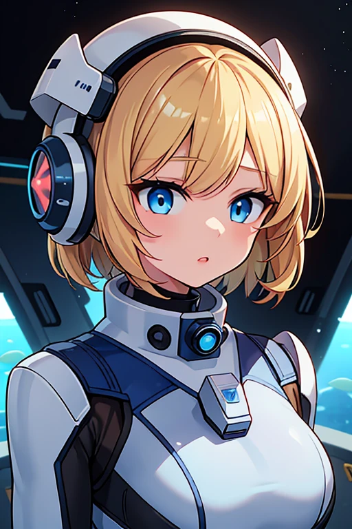 1girl, blonde_hair, solo,(space helmet):6, blue_eyes, looking_at_viewer, futuristic_diving_suit, realistic, breasts, short_hair, lips, medium_breasts, cyborg_enhancements, high_tech_armor, underwater, coral_reef, tropical_fish, sunlight_rays, futuristic_breathing_apparatus