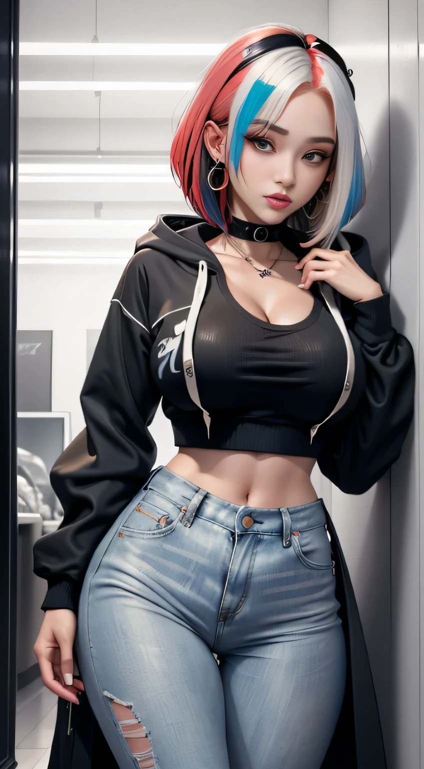 sfw, (hooded sweatshirt:1.1),((masterpiece)), ((best quality)), (ultra-detailed), ((extremely detailed)), 4K, (8K), best quality, (beautiful), extremely detailed,young girl, Cool Girl,(1girl), solo,bob cut,side braid,(two-tone coloring:1.6),beautiful white hair,(beautiful red hair),beautiful pink eyes, beautiful lips,(small breasts:1.2),slim, sad smile, earrings,(Lots of earrings),Ear Body Piercing, wearing bra,((skinny waist)), young asian girl, ((big breasted)),