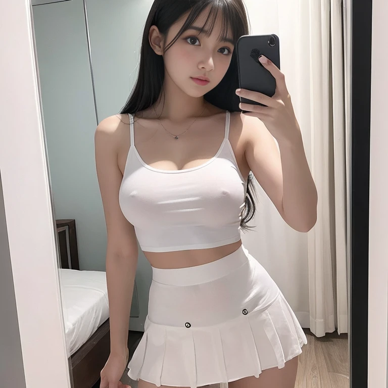 debris flies、highest quality、super fine、got it、High resolution、8k wallpaper、perfect dynamic composition、(((Full body Esbian)))、((from below))、20 year old cute girl、detailed beautiful face、delicate and cute eyes、fine-textured skin、My cheeks turned red、(wavy black hair)、thin legs、Please generate at the eaves、take a selfie with your mobile phone、room、wearing a white tank top、white background、wearing hot pants、I can see your pants、panty shot、The exact shape of the areola、transparent areola、The nipples are transparent、Taking a selfie in front of the mirror with your smartphone、Wearing a white tight skirt、Wearing a miniskirt
