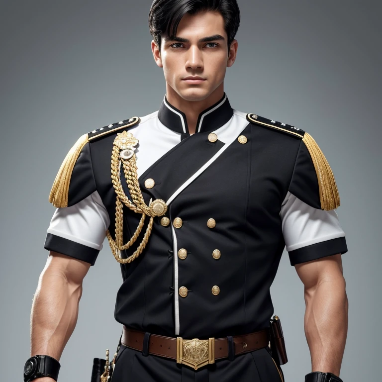 (masterpiece, best quality), 1 male, mature, aged up: 4,5, tall muscular guy, broad shoulders, finely detailed eyes and detailed face, extremely detailed CG unity 8k wallpaper, intricate details, Fantasy, Admiral, short hair, black hair, brown eyes, uniform, 1 male, black hair, brown eyes, short hair, high school senior, adult, aged up to: 1.4, tall, muscular male, broad shoulders, fine detailed eyes and detailed face, white and blue uniform, 1 female, short shoulder length hair, robotic body, beautiful face, aged up to: 4.5, black hair, black eyes, black uniform, they are like the photo